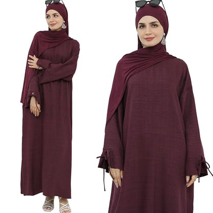Women 1PC Abaya Dress Simple Kaftan Eid Dress for Women Muslim Casual Robe Fashion Jilbab Dubai Travel Outfits - color: Wine, size: X-Large