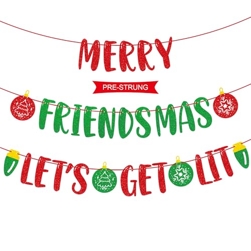 Uflashmi Pre-strung Merry Friendsmas Lets Get Lit Banner, Glitter Friendsmas Banner Garland for Friendsmas Ugly Sweater Christmas Party Decorations, Red and Green - color: Red and Green