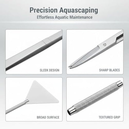 6 Pcs Aquarium Plant Tools Set, Stainless Steel Kit, with Algae Scraper, Tweezers, Scissors, Sand Spatula, and Holder, Silver