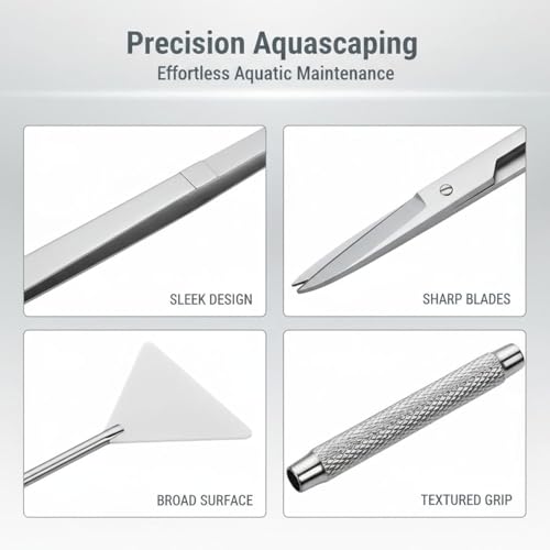 6 Pcs Aquarium Kit, Stainless Steel Plant Tools Set with Algae Scraper, Tweezers, Scissors, and Sand Spatula, Holder Included, Silver