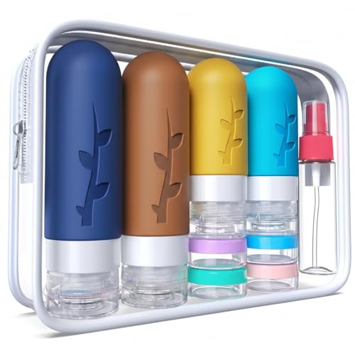 DEPOZA Travel Bottles Kit (16 Pack) - TSA Approved, Leak Proof Silicone Squeezable Containers for Toiletries. Complete Set with Jars, Sprayers & Bag (Dark blue) - color: Dark blue