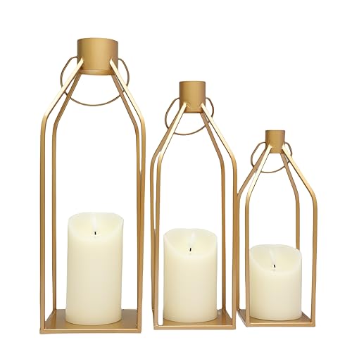 Gold Metal Candle Lanterns Set of 3, Tall Decorative Pillar Candle Holders for Indoor Outdoor Farmhouse Home Decor for Table Centerpiece, Porch, Fireplace, Weddings, Christmas (No Glass, No Candles) - color: Gold
