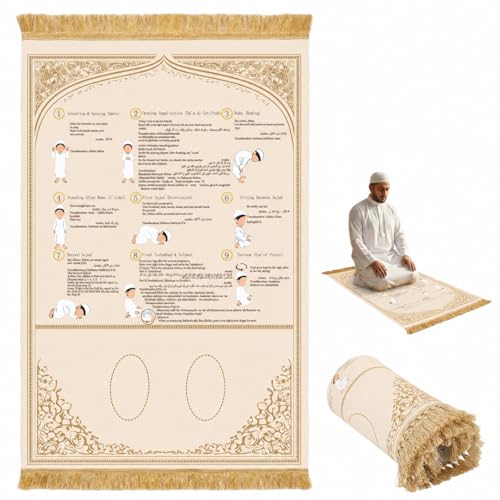 Prayer Mat with Instructions, Muslim Prayer Rug for Beginners | Soft foldable prayer mat for kids, reverts, and beginners; clear Arabic, English, and transliteration guidance. - color: Beige