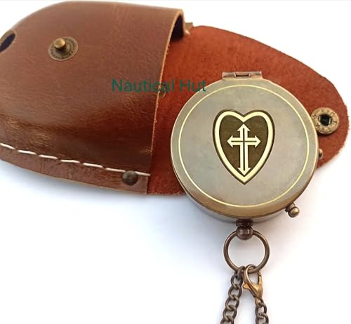 Be Strong and Courageous for The Lord Engraved Brass Antique Compass with Leather Case - Joshua 1:9 Brass Pocket Compass Camping & Hiking Compass for Birthday, Anniversary, Graduation, Baptism (X)