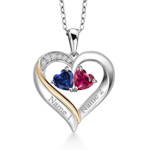Gem Stone King 2-Heart Couple Name Engraved Pendant Necklace For Women | 925 Sterling Silver & 10K Yellow Gold | Customized and Personalized | Gemstone Birthstone & Lab Grown Diamond | 18 Inch Chain
