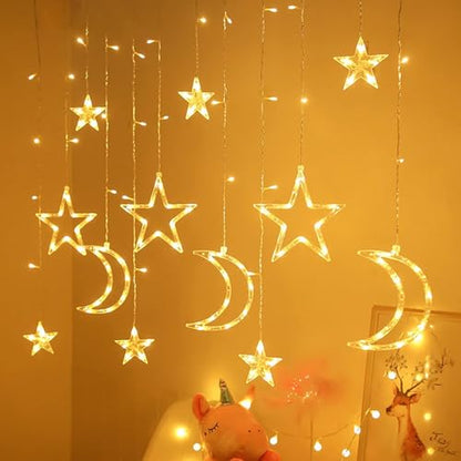 11.48ft Star Moon Curtain String Lights Waterproof 126 LED Fairy Starry String Lights for Wedding, Christmas, Party, Bedroom, Ramadan Decor Battery Operated, Warm White