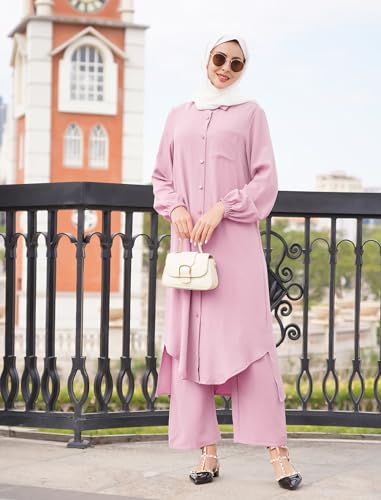 Women's Muslim 2 Pieces Sets Long Sleeve Button Down Shirt and Pants Abaya Casual Dress Dubai Outfits - color: Pink, size: Small