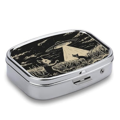 Metal 2 Compartment Pill Organizer Travel Friendly Portable Compact Pill Box Cute Pill Case to Hold Vitamins,Fish Oil,Supplements,Meds,Tablet for Purse,Pocket. (Cats and Spaceships) - color: Cats and Spaceships