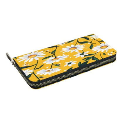 Daisies On Yellow Background PU Leather Long Wallet for Women Men, Zipper Clutch Wallet RFID Card Holder Organizer - color: Daisies On Yellow Background