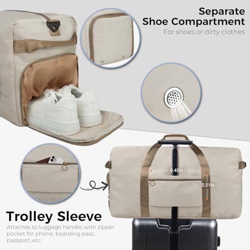 Fmeida 65L Duffle Bag with Shoes Compartment, Foldable Travel Duffel Bags for Men Women, Large Packable Travel Bag Water Repellent & Tear Resistant (Beige) - color: Glossy Beige