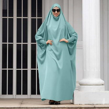 IKADEX Jilbab for Muslim Women Hooded Abaya Kaftan Dress Hijab Chador One-Piece Loose Fit Arabic Islamic Prayer Robe - color: Light Green