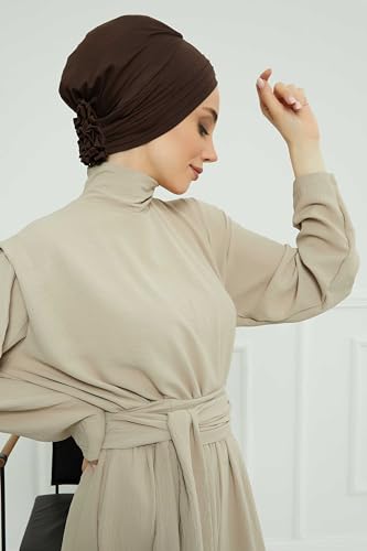 Aisha's Design Instant Turban Head Wraps for Women, Combed Cotton Scarf Lightweight Pre tied Hijab with Back Rose Detail - color: Brown
