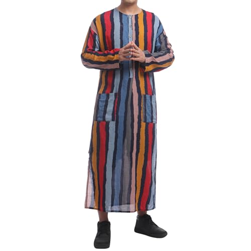 IWEMEK Muslim Thobe for Men Striped Kaftan Thobe with Pockets Saudi Arabic Robe Button up Dubai Abaya Caftan Ramadan Clothes - color: Red, size: 3X-Large