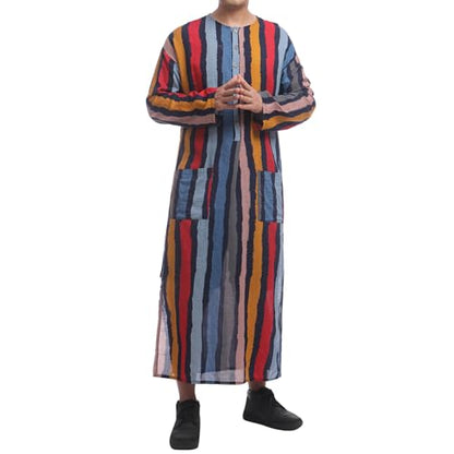 IWEMEK Muslim Thobe for Men Striped Kaftan Thobe with Pockets Saudi Arabic Robe Button up Dubai Abaya Caftan Ramadan Clothes - color: Red, size: Large