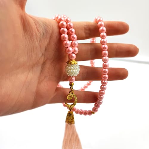 BAYKUL Muslim Prayer Beads 99, Islamic Rosary with Silver Allah Muhammad Engraved Tasbih, Zikr Namaz Worship Ramadan Tesbih Bracelet - color: Pink Pearl