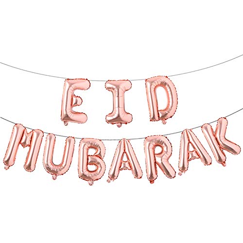 16-Inch Rose Gold Eid Mubarak Foil Balloons - Party and Ramadan Decoration Supplies for Muslim Celebration - color: Eid Rose Gold