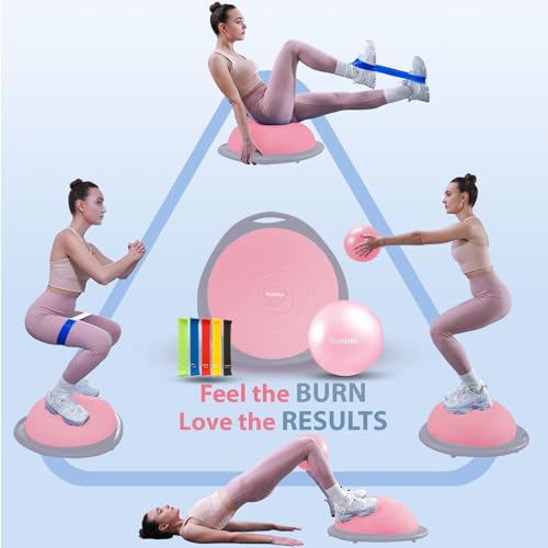 kisnbld Half Balance Ball Trainer, Inflatable 19/23 Inch Half Exercise Ball with Resistance Bands and Pilates Ball, Non-Slip 660lbs Capacity Yoga Ball for Home Gym Full Body Workouts - color: Pink