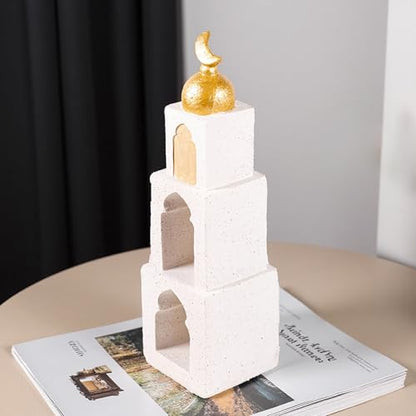 Decorative Mosque Tower with Gold Dome, Hand Painted,White and Gold - color: Mosque Tower Dome Statue