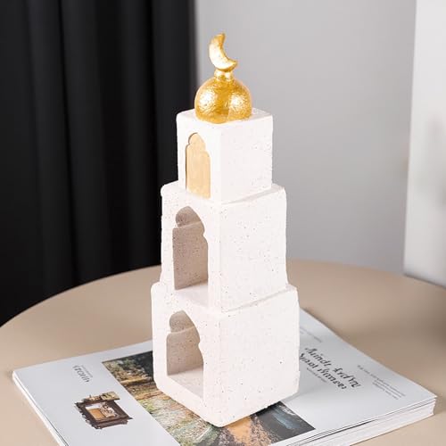 Decorative Mosque Tower with Gold Dome, Hand Painted,White and Gold - color: Mosque Tower Dome Statue