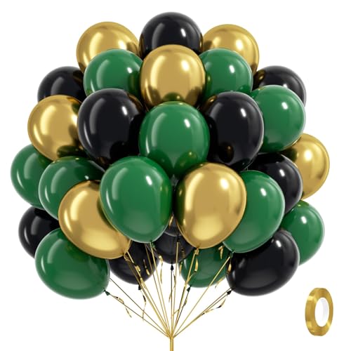 60pcs Green and Black balloons 12inch with Dark Green Metallic Gold Balloons for Jungle Safari Birthday Party Decorations - color: Green Black Gold