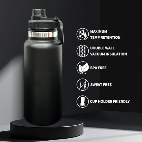 32 oz Insulated Water Bottle with Spout Lid - Double Wall Vacuum Sports Water Bottle - Powder Coated Cup for Gym Camping Hiking(Black,1 pack) - color: Black