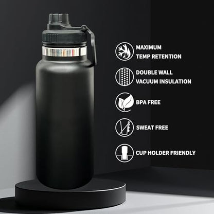 32 oz Insulated Water Bottle with Spout Lid - Double Wall Vacuum Sports Water Bottle - Powder Coated Cup for Gym Camping Hiking(Black,1 pack) - color: Black