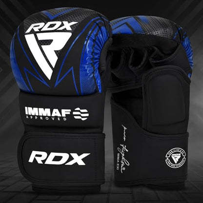 RDX IMMAF Approved Sparring Grappling Gloves, Professional Grade Hybrid Design for Competition Level and Training, Ventilated Open Palm, Adjustable Wrist Straps, Martial Arts Muay Thai, Men Women - color: Blue, size: X-Small