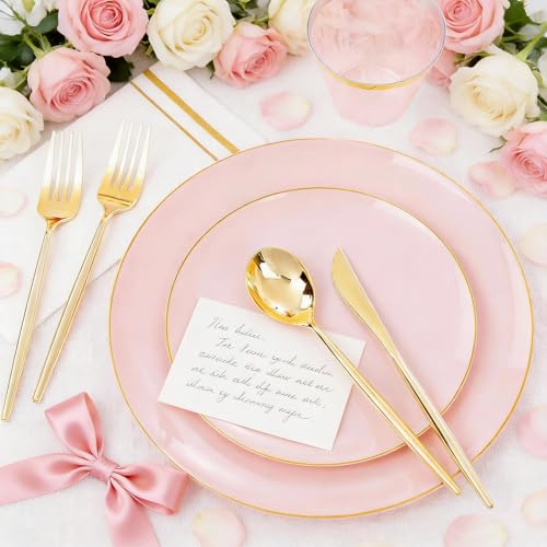 MirthMood 350PCS Pink Plastic Plates with Gold Rim – Plastic Plates Set Includes 50 Dinner,50 Dessert Plate,50 Cup&50 Napkins 150 Gold Silverware for Wedding&Birthday Parties&Valentine's Day - color: Pink, size: 350