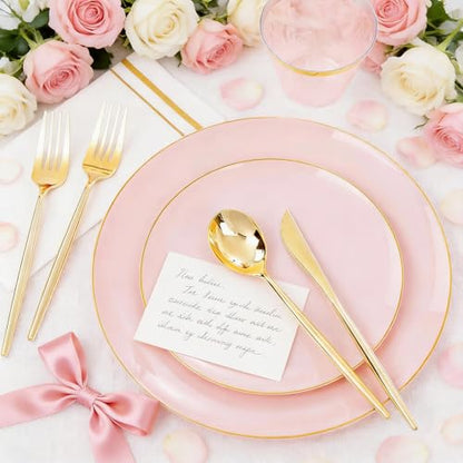 MirthMood 350PCS Pink Plastic Plates with Gold Rim – Plastic Plates Set Includes 50 Dinner,50 Dessert Plate,50 Cup&50 Napkins 150 Gold Silverware for Wedding&Birthday Parties&Valentine's Day - color: Pink, size: 350