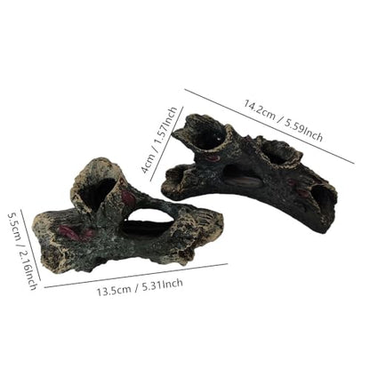 Decaying Trunk Aquarium Decoration, Betta Fish Driftwood Ornament, Small Resin Fish Tank Wood Cave Hideout Decor with Holes, Hollow Log Tree Trunk Freshwater Decors (2 Pack)