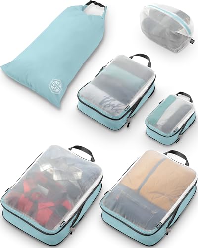 TRIPPED Travel Gear Large Compression Packing Cubes with Mesh 6-Piece Set - color: Dusty Teal
