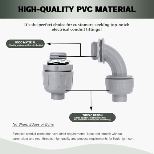 10 Pack 1-1/4 Inch Liquid Tight Connectors - PVC Electrical Conduit Fittings, Straight, 90 and 180 Degree Non-Metallic Flexible Connectors for Home, Bathroom, and Kitchen, Gray - size: 1-1/4 Inch 10-Pack (90D+180D)