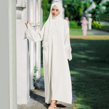 Prayer Clothes for Muslim Women Long Sleeve One-Piece Islamic Prayer Dress O Neck Slim Fit Islamic Evening Gown - color: White, size: Large