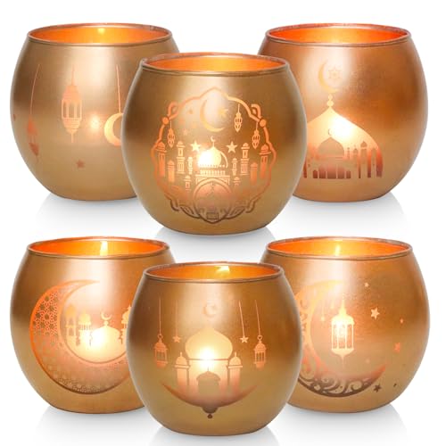 Gold Ramadan Decorations for Home Set of 6, Mosque & Crescent Moon Glass Tealight Candle Holders, Star & Lantern Votive Holders for Ramadan Table Decor, Elegant Eid Mubarak Islamic Gifts - color: Gold