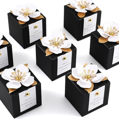 Affrolling 50 Pcs Wedding Favor Boxes with Thanks Card Square Flower Candy Boxes Paper Bridal Gift Box for Guests Wedding Bridal Shower Birthday Party Anniversary(Black) - color: Black