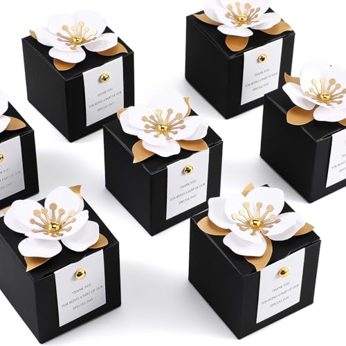 Affrolling 50 Pcs Wedding Favor Boxes with Thanks Card Square Flower Candy Boxes Paper Bridal Gift Box for Guests Wedding Bridal Shower Birthday Party Anniversary(Black) - color: Black
