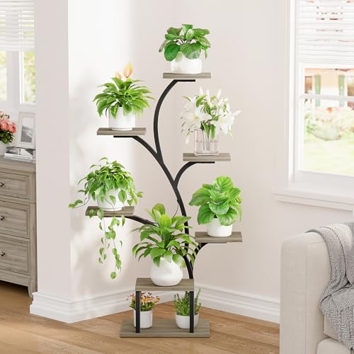 BACEKOLL Plant Stand Indoor with Grow Lights, 7 Tiered Indoor Plant Shelf, 49" Corner Plant Stands for Indoor Plants, Metal Plant Flower Display Shelf, Tree-Shaped Plant Rack for Home, Patio, Grey