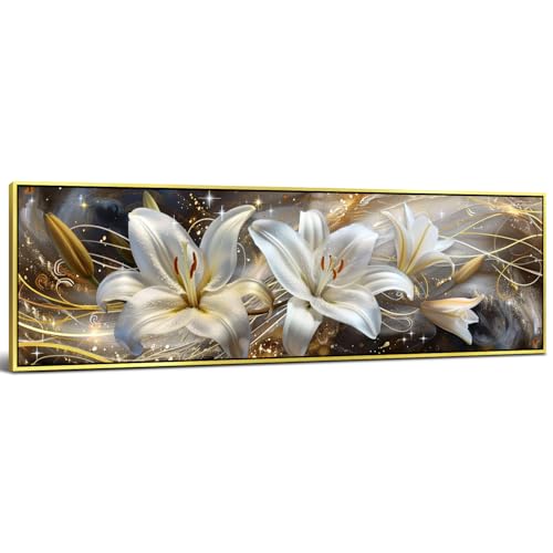 Gold Framed Floral Wall Art for Living Room Office Modern Home Decor Large Zen Lily Flowers Canvas Picture Painting Prints Poster Still Life Nature Botanical Artwork Home Bedroom Decorations 14x48" - color: Lilies