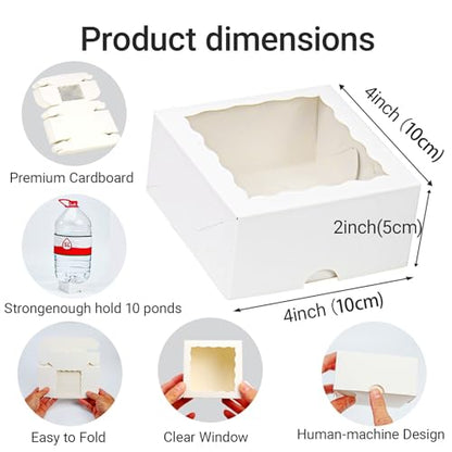 80팩 10.2 x 10.2 x 5.1cm(4 x 4 x 2인치) 소형 베이커리 간식 상자 쿠키 박스 미니 베이킹 박스 케이크, 파이, 시나몬 롤 간식, 초콜릿 트러플 박스 파티 결혼식 선물 - color: 화이트.