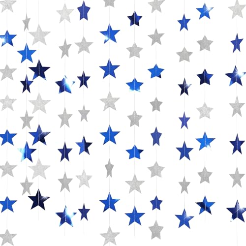 Spakon 65 Ft Star Garland Hanging Decoration Double Sided,Silver and Blue - color: Silver and Blue