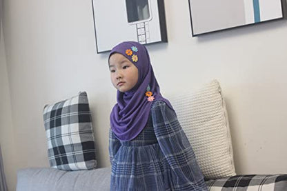 Girls Instant Hijab – Soft Kids Muslim Scarf with Flower, Breathable One-Piece Headscarf for Toddlers Age 2-8 - color: Purple