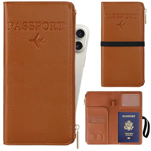 TIGARI Travel Wallet, Leather Passport Holder for Travel, Rfid Blocking Passport Wallet For Women, Zipper Pocket Card Slots Purses, Travel Document Organizer Waterproof Travel Accessories(Brown) - color: Brown