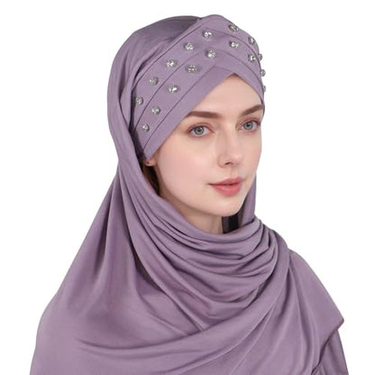 Muslim Head Scarf for Women Crystal Linen Rhinestone Cross Strap Turban Wrap Cap Elegant Breathable Sparkly Hijab - color: 06#_light Purple