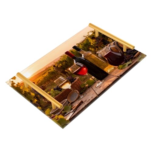 Bathroom Vanity Tray Counter Organizer, Vineyard Harvest with Wine and Grapes Decorative Tray with Handles Countertop Storage for Bathroom Bedroom Kitchen Home Farmhouse - color: Vineyard Harvest With Wine and Grapes