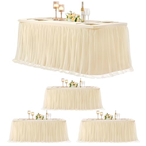 4 Pack 6ft Champagne Tulle Tablecloths for Rectangle Tables, 72 x 30 Inch Rectangular Table Cloth, Wrinkle Free Table Cover with Tutu Skirt for Wedding Birthday Party Banquet Buffet Decorations - color: Champagne, size: 72" x 30" (6FT - 4 Pack)