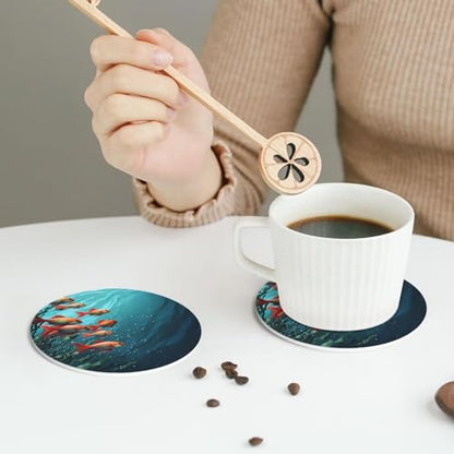 Drink Coasters Set of 4 Leather Coasters for Drinks Fish Aquarium Round Cup Mat Pad Easy Clean Bar Coasters Heat Resistant Funny Cup Coasters for Tabletop Protection,4 Inches - color: Round Shape