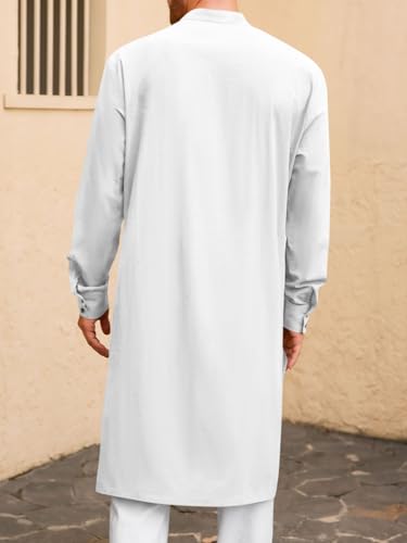 Runcati Mens Kaftan Robe Button Down Long Sleeve Cotton Linen Thobe Casual Muslim Gown Henley Shirt - color: White, size: Medium