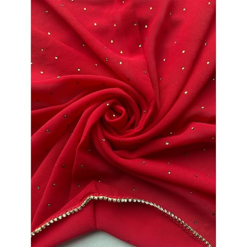 Premium Chiffon Hijab Rhinestone Long Scarf Shawl Wrap for Women Head scarf for Muslim Wedding Party Gift Packed - color: 001red