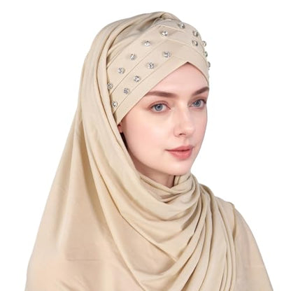 Muslim Head Scarf for Women Crystal Linen Rhinestone Cross Strap Turban Wrap Cap Elegant Breathable Sparkly Hijab - color: 05#_khaki