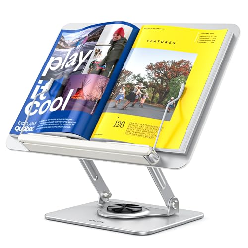 BESIGN BS02 Book Stand for Reading, Adjustable Book Holder, Ergonomic Laptop Stand, Cookbook Stand, Recipe Book Holder with Elastic Page Clips for Music Scores, Recipe, Tablet - color: Silver